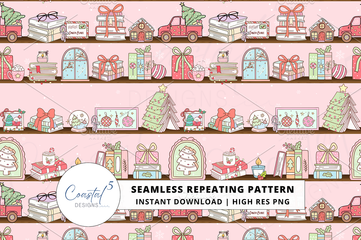 Christmas Bookish Seamless Pattern, a Pattern Graphic by Coastal 5 Designs (Photo 1 of 3)