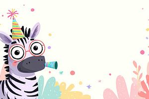 Cute zebra in party hat with balloons and confetti on pastel bac, an Animal Photo by Ales Munt