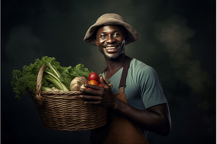 Happy farmer holding a basket with, a Food & Drink Photo by Ylivdesign