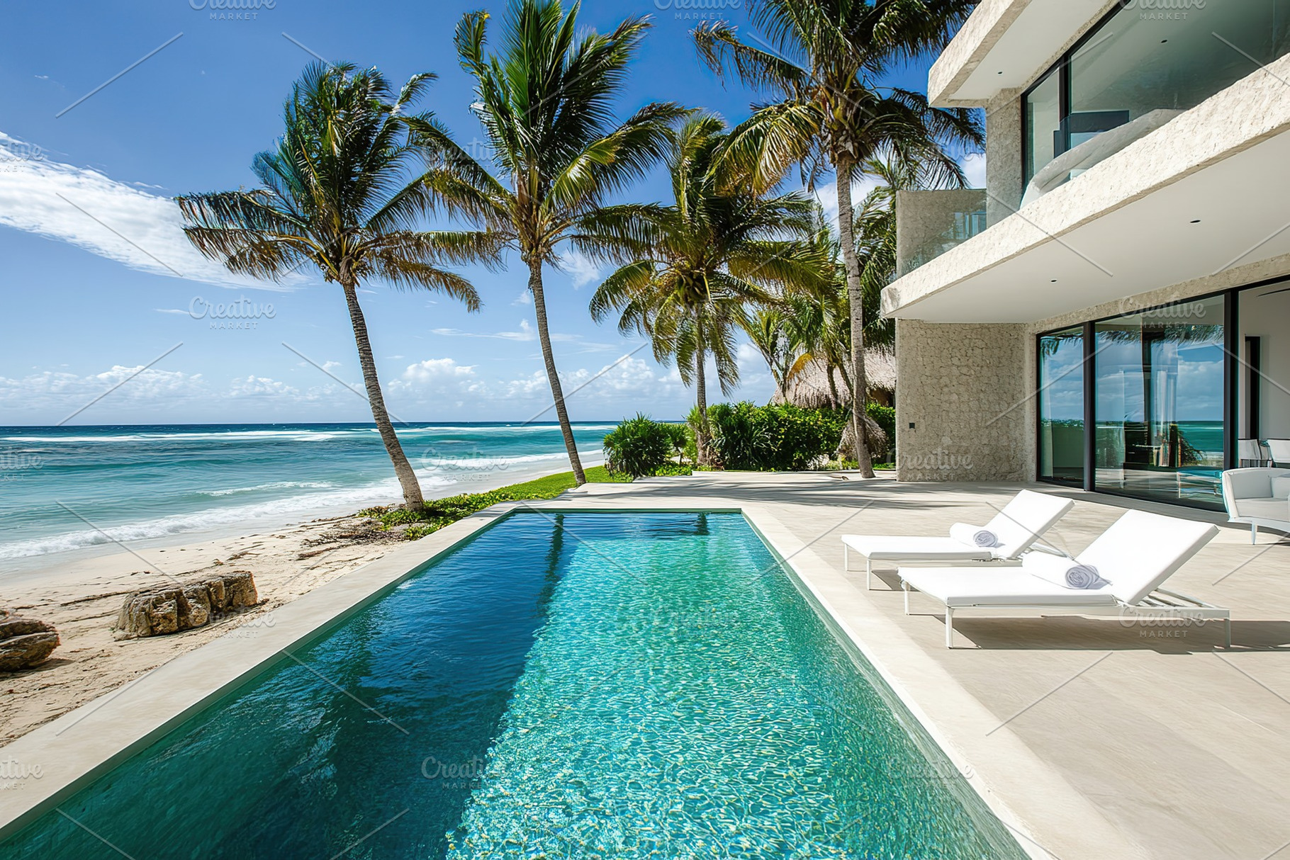 Luxurious villa with glass windows overlooking swimming pool and beach, a Photo by AlyaAnd