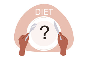 Woman over empty plate chooses diet, a Food Illustration by Vectorbuum