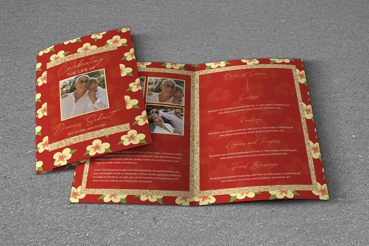 Red Flower Floral Funeral Program