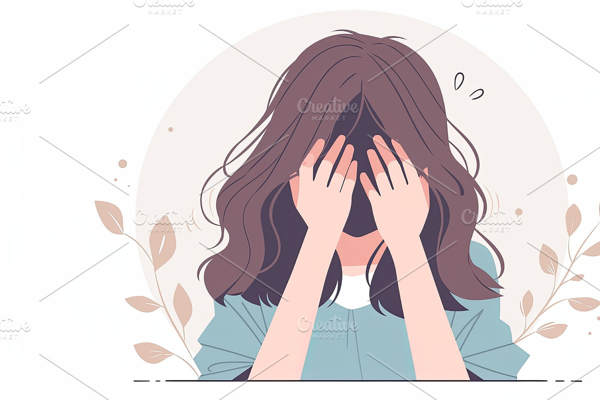 Sad woman feeling stressed, sitting in a calm illustrated environment, an Illustration by AS photostudio