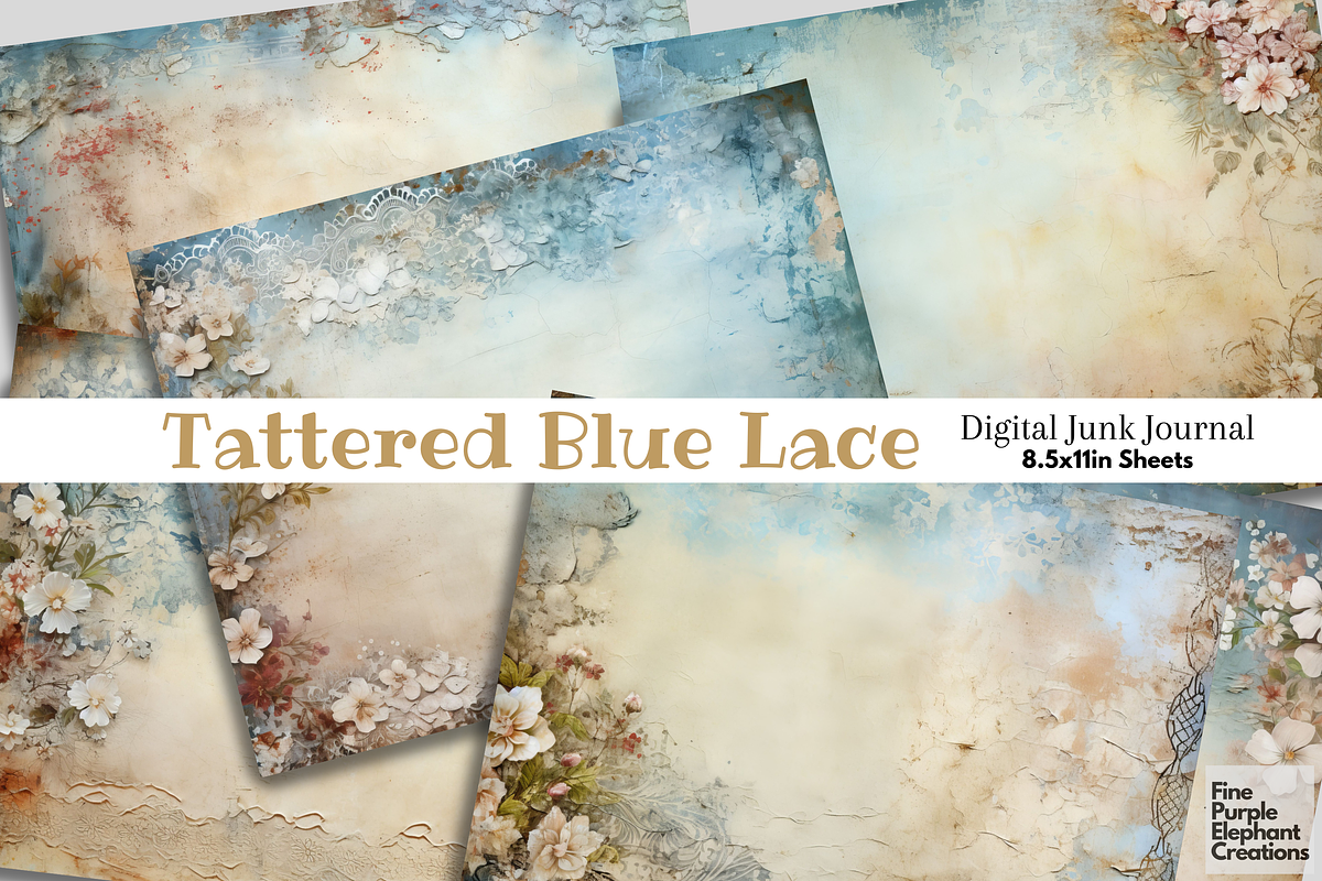 Old Tattered Blue Lace Junk Journal, a Background Graphic by Fine Purple Elephant (Photo 1 of 4)