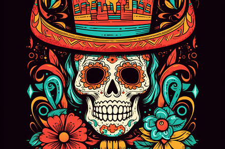 Vibrant Sugar Skull with Sombrero and Flowers, an Abstract Photo by Natalia Klenova's Shop