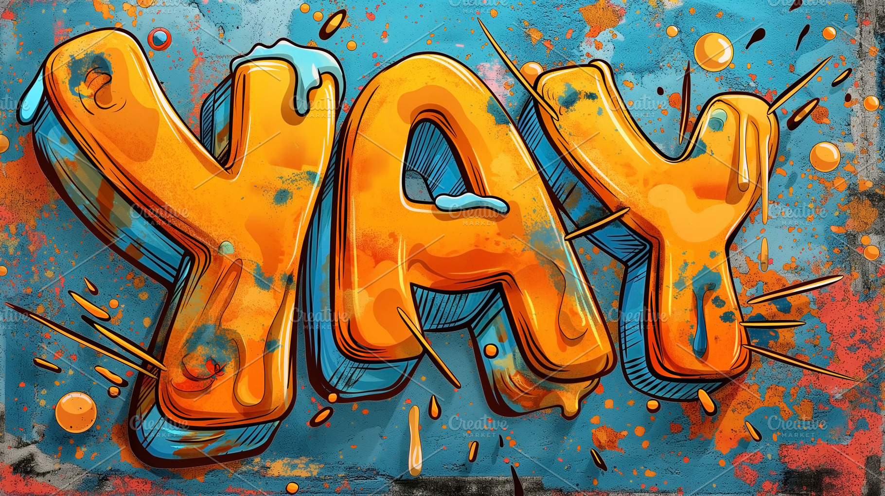 Vibrant mural painting of the word 'YAY' in bold orange and blue hues on a text, a Background Photo by ImageMir