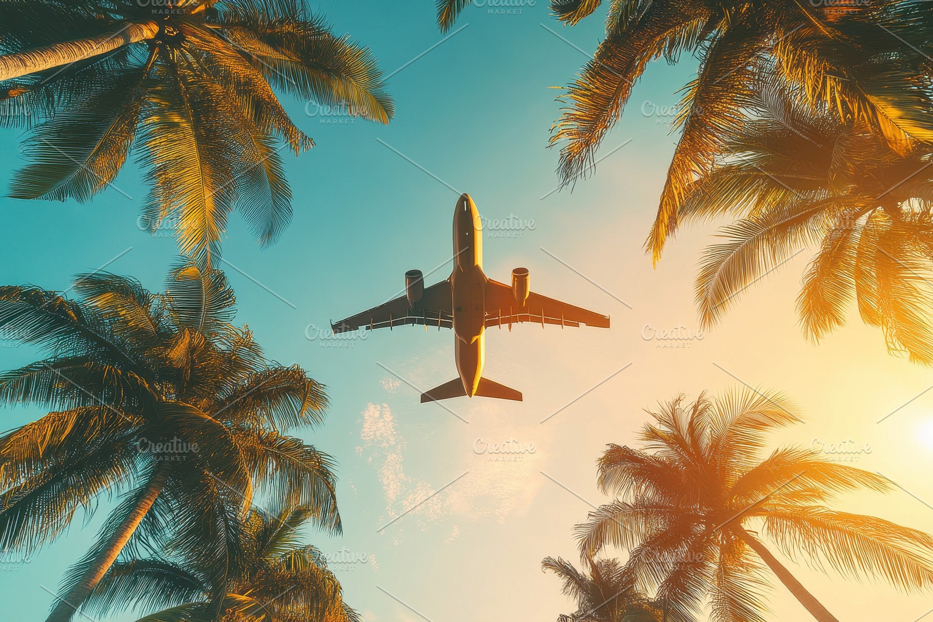 Airplane flying above palm trees, a Photo by Pavel_design