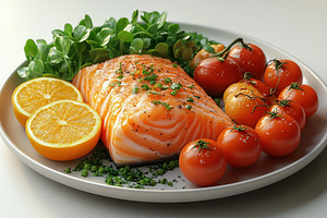 Fresh salmon fillet garnished with h, a Photo by Tanuart