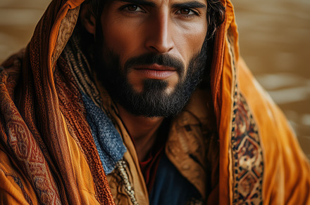 A arabic man with a beard and long hair, wearing a colorful turban and traditio, a Person Photo by Textures & Backgrounds