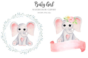 Watercolor Baby Girl Elephants Set