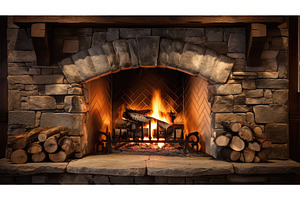 cozy rustic fireplace ai generated, an Arts & Entertainment Photo by pikepicture