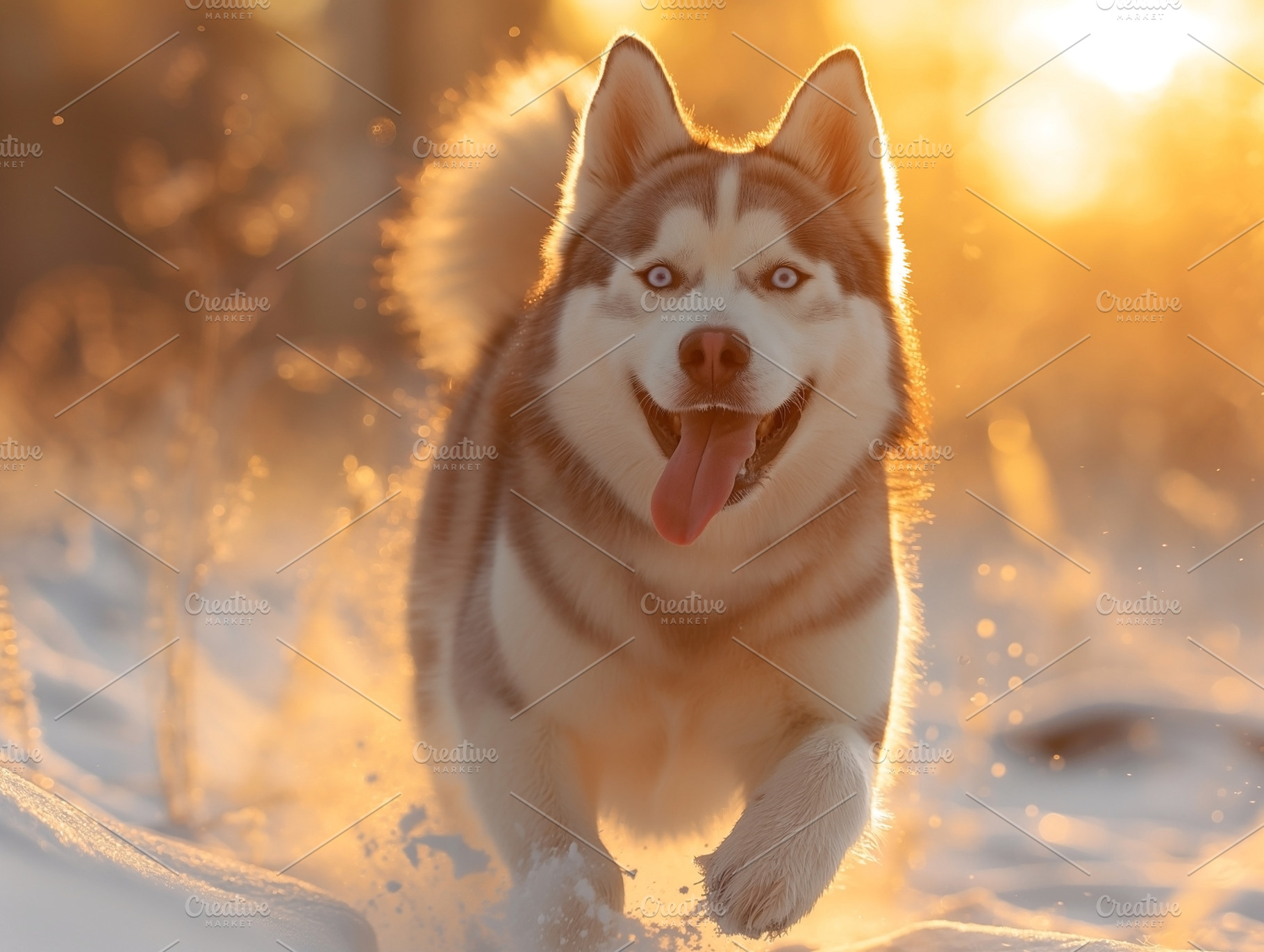 A happy Siberian Husky running through the snow at sunset, showcasing its playf, an Animal Photo by ImageMir