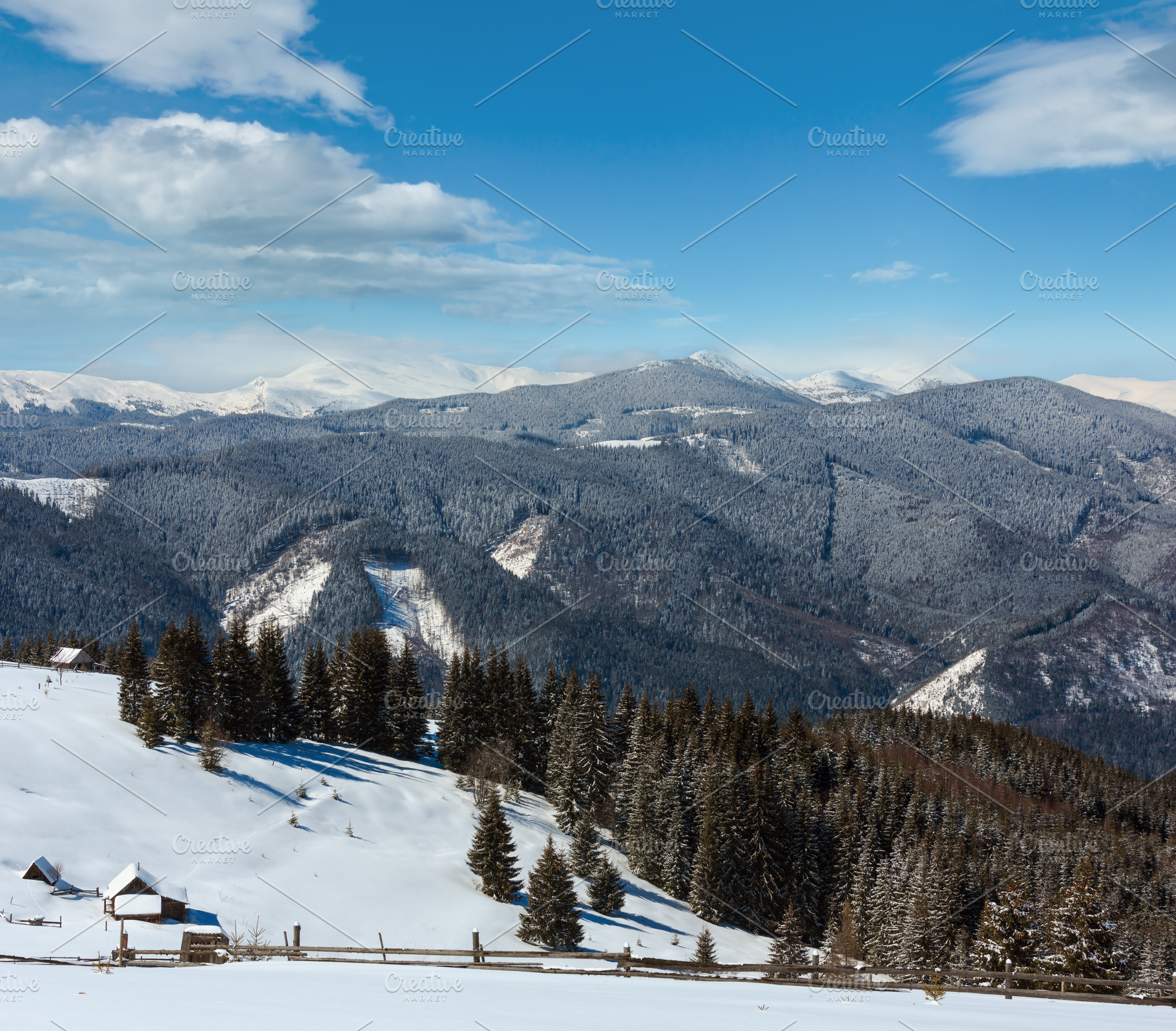 Winter snowy mountains, and lone farmstead, a Nature Photo by YuriyB