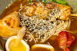 Hot broth korean recipe noodle meal meat egg spicy, a Food & Drink Photo by Photo Drive Studio