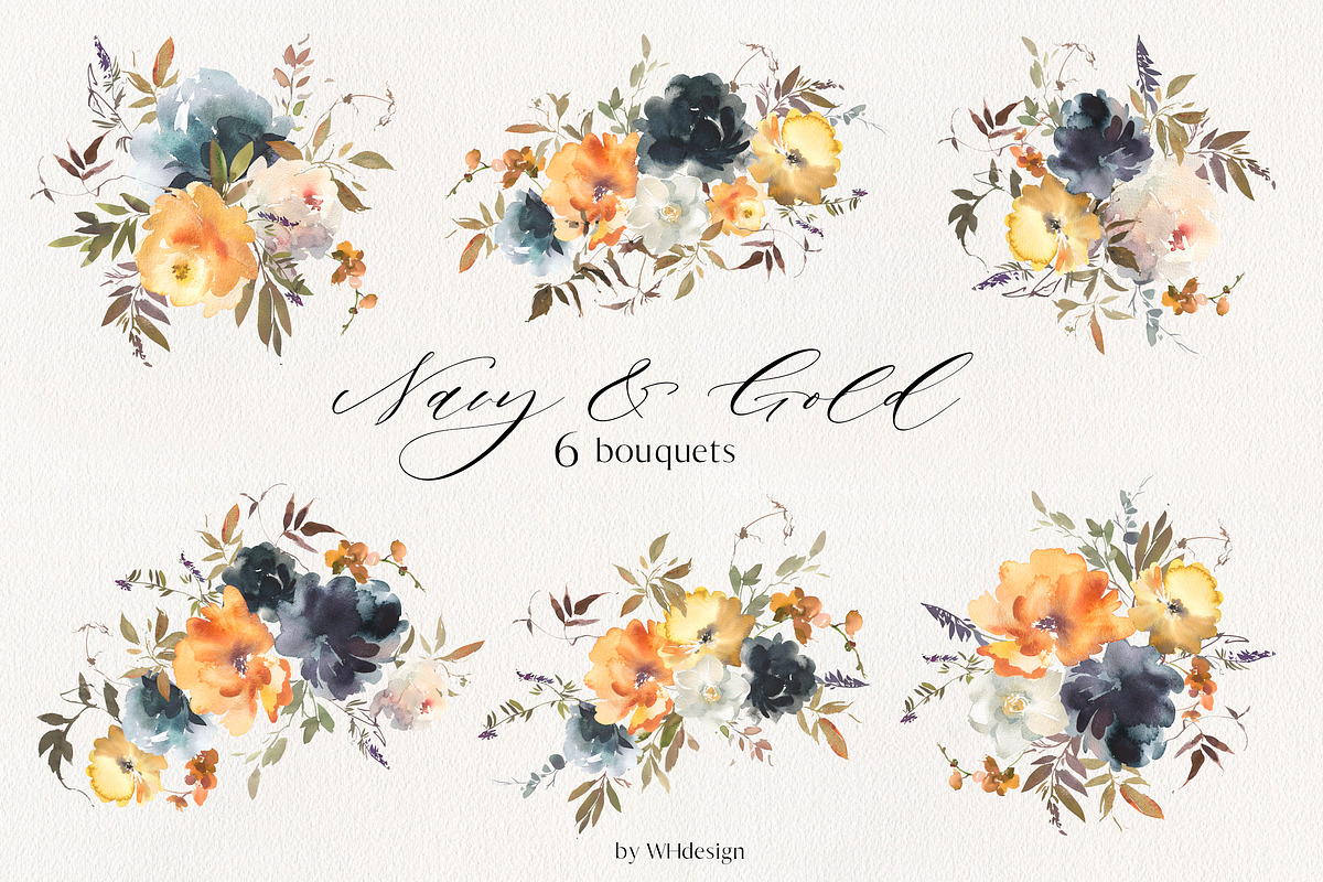 Navy Gold Yellow Watercolor Flowers, a Decorative Illustration by whiteheartdesign (Photo 2 of 6)