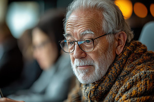 Elderly man with glasses seated in a, a Photo by Tanuart