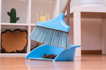 Hair after cutting on the floor. Cleaning hair with a broom in dustpan., a Technology Photo by Detriana