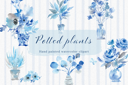 Potted plants watercolor clipart set