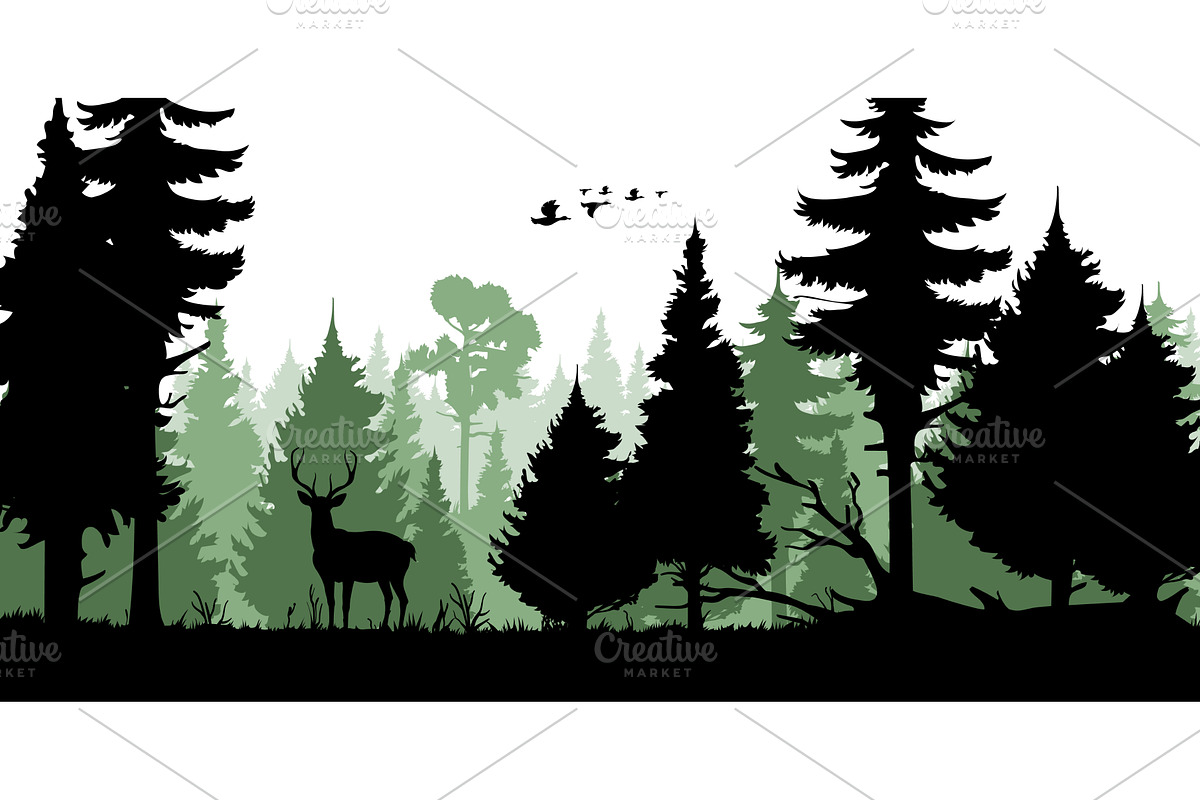 Forest trees silhouettes, deer, an Illustration by Vector Tradition