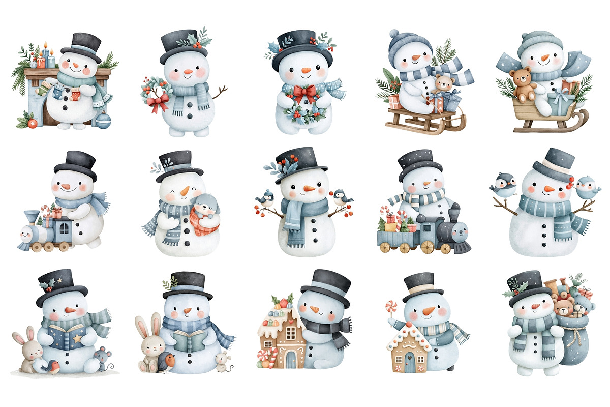 Watercolor Christmas Snowman PNG, a Seasonal Illustration by Nicolle's Colorful Art (Photo 4 of 7)