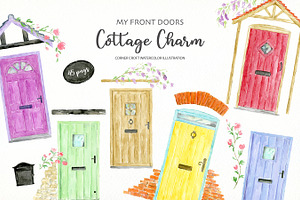 Watercolor Cottage Front Doors