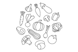 Vegetables outline set in circle, a Food Illustration by GraphiShop