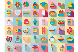 Baby Items Icon Set, Flat Style