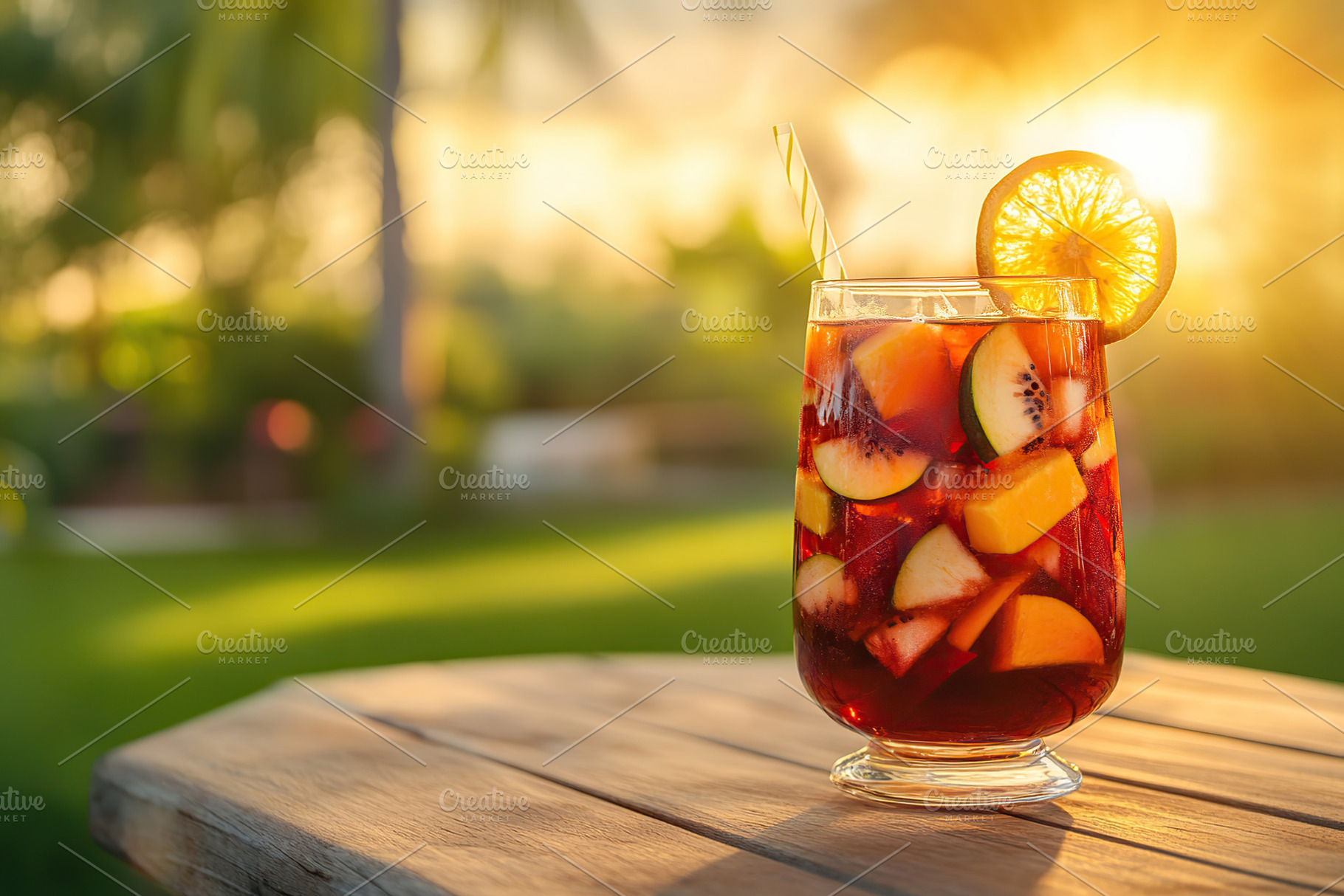 Refreshing fruit sangria served on a wooden table during sunset in an outdoor s, a Food & Drink Photo by AlyaAnd