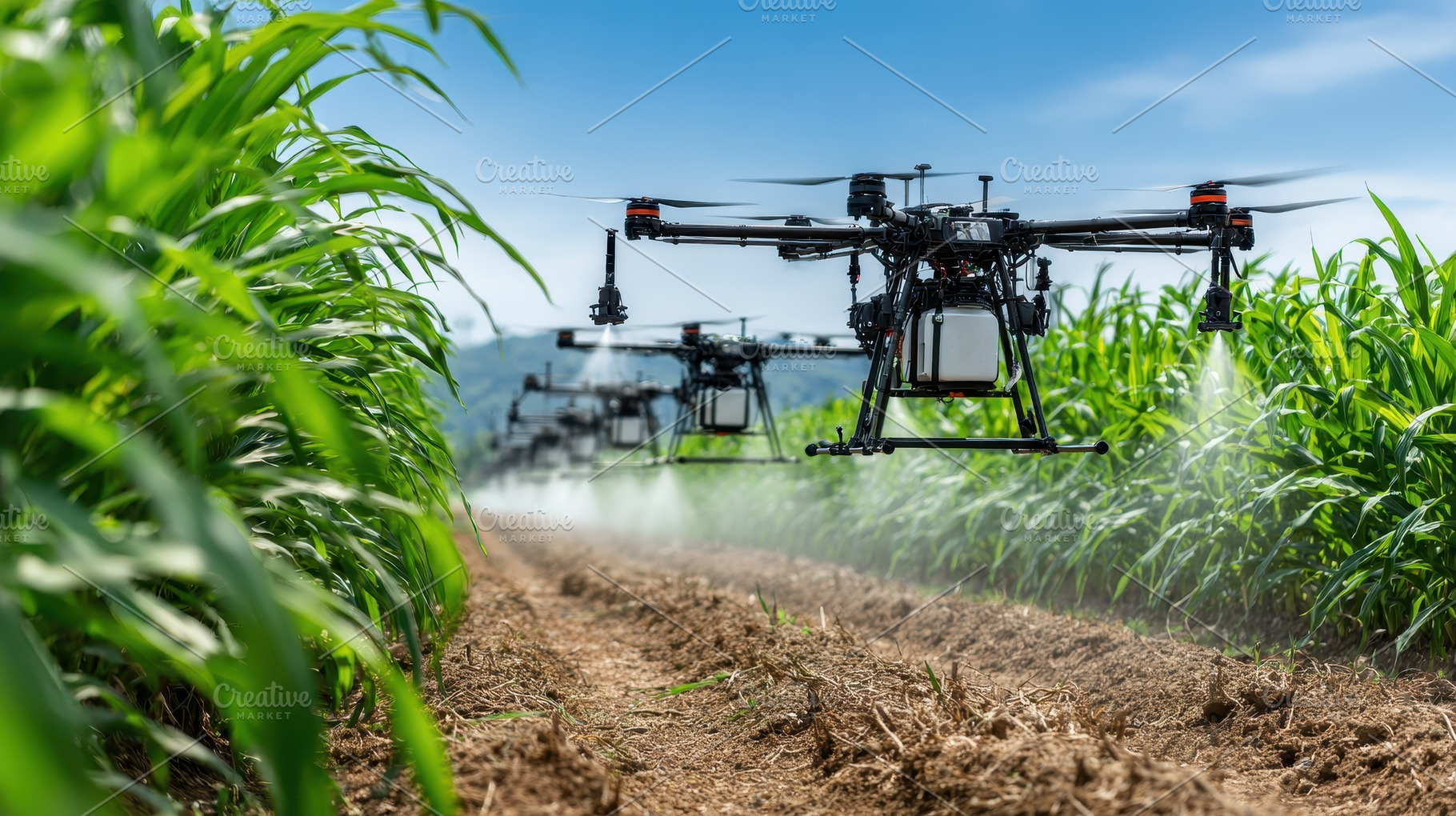 Drones spraying crops in a field agr, a Photo by Pixeness Studio