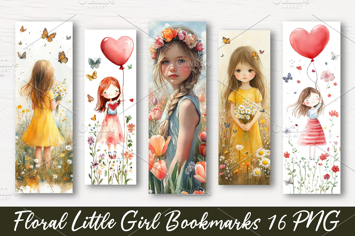 Floral Little Girl Bookmarks, an Illustration by Watercolor design (Photo 1 of 4)