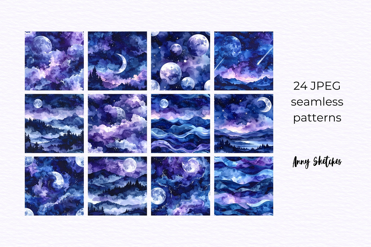 Moon & Night Sky Seamless Patterns, a Pattern Graphic by Anna Design Studio (Photo 4 of 6)
