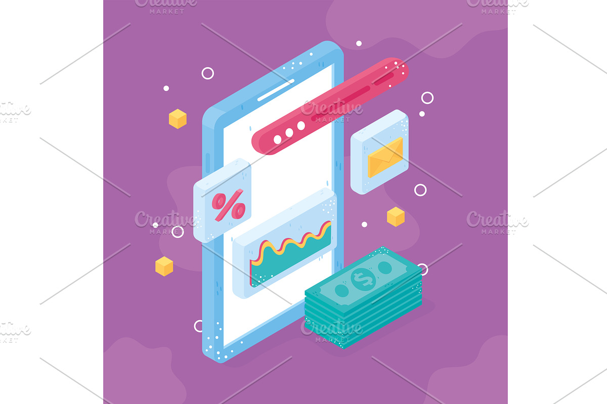 smartphone money isometric, a Technology Illustration by studiogstock