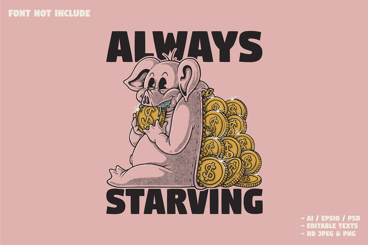retro cartoon pig eats coins, a Branding & Logo Template by Judsart
