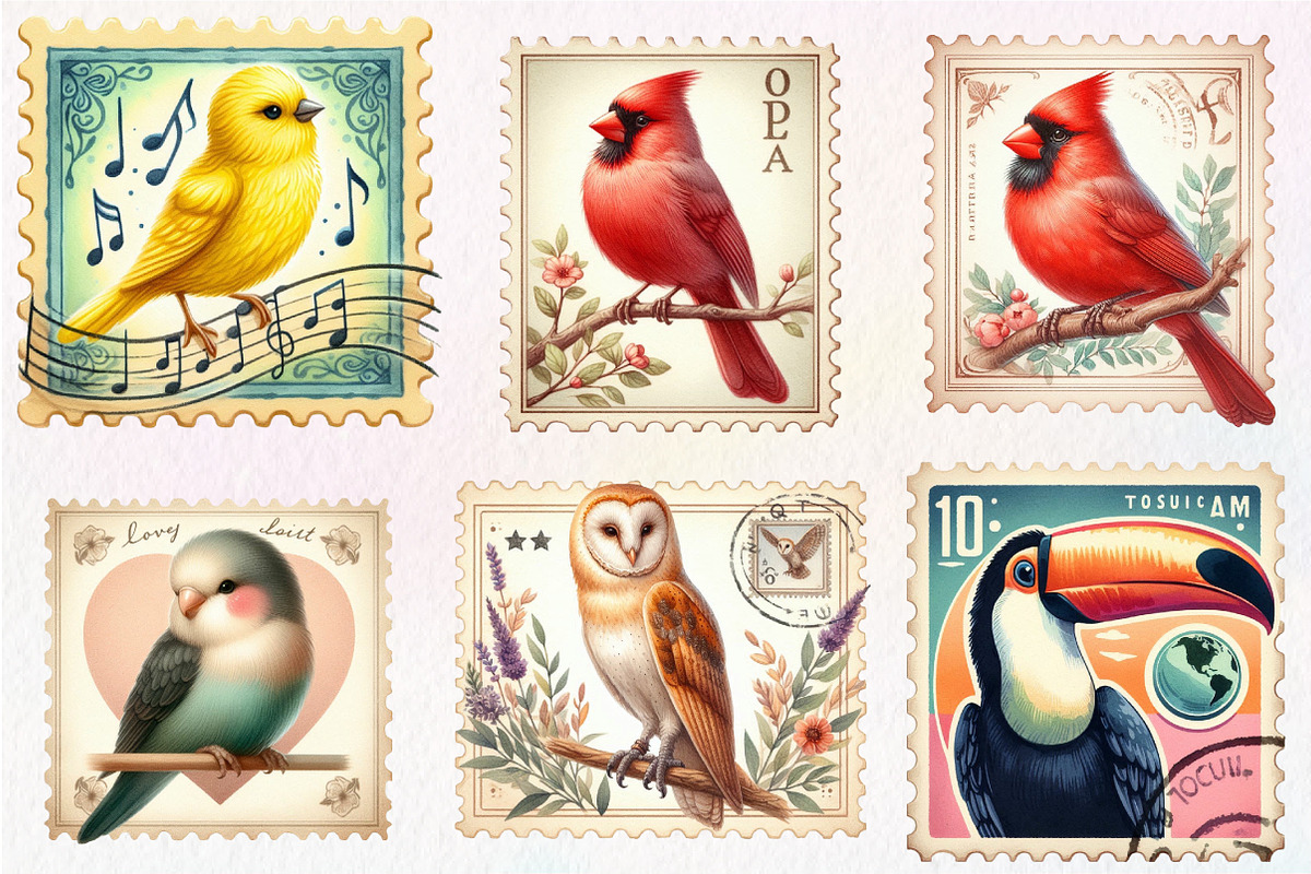 Retro Birds Stamps Postage Clipart, an Illustration by CreationArt (Photo 3 of 5)
