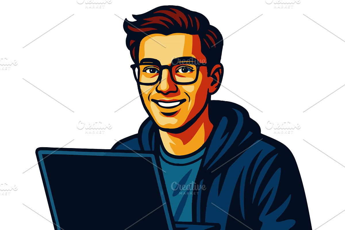 Smiling Young Man Working on Laptop, a Technology Illustration by AlexArt