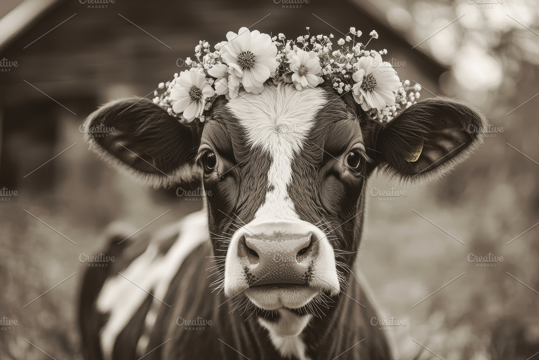 Flower Crown Cow Sepia Farm Animal P, an Animal Photo by Pixeness Studio