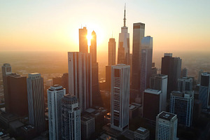 Modern City Skyline Aerial View At S, a Photo by LOGOCREATIVE