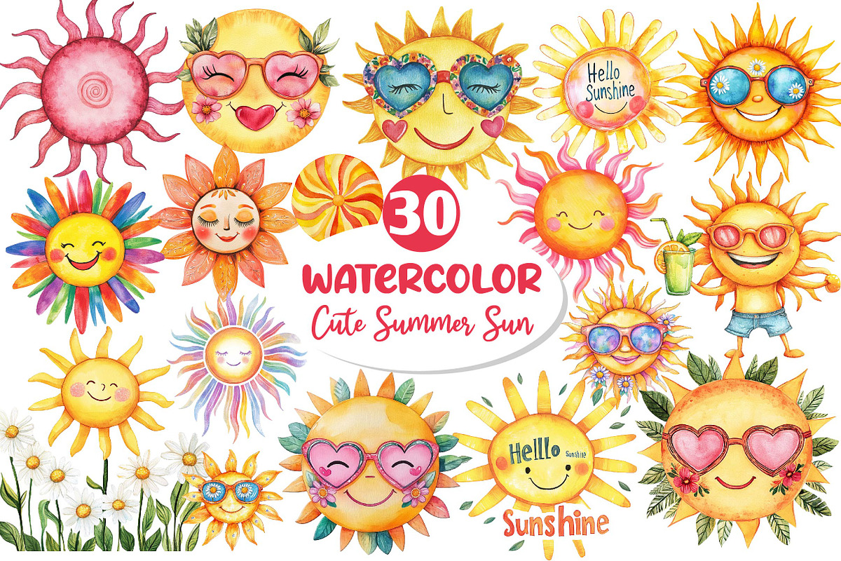 Groovy Cute Summer Sun Clipart, an Illustration by Dream Creation (Photo 1 of 6)