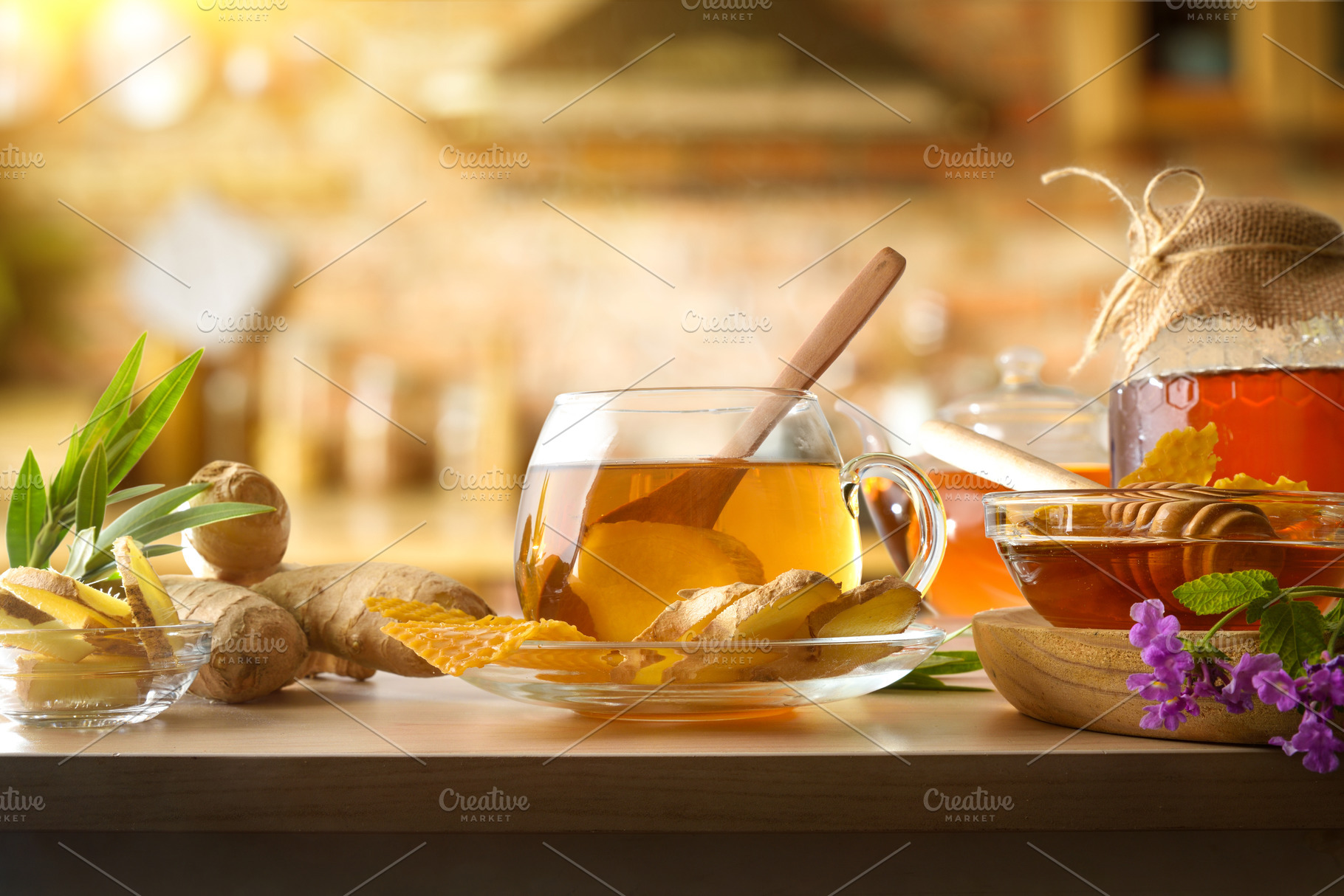 Freshly prepared ginger and honey infusion on rustic kitchen, a Food & Drink Photo by Davizro's Market