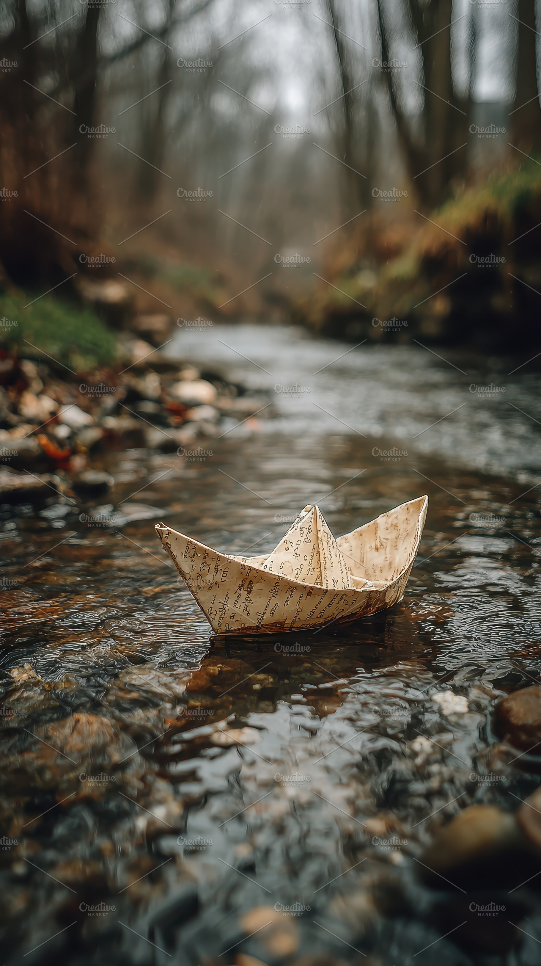 Paper boat floats on stream in fores, a Photo by Pixeness Studio