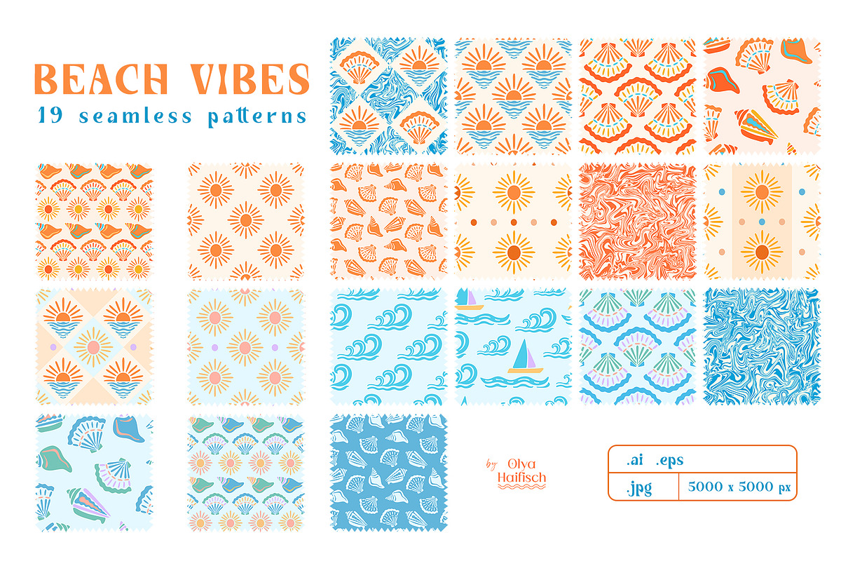 Beach Vibes Vector Seamless Patterns, a Pattern Graphic by Olya Haifisch (Photo 4 of 9)