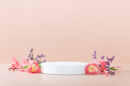 Abstract empty white podium on pink background. Mock up stand fo, a Beauty & Fashion Photo by Natalia Klenova's Shop