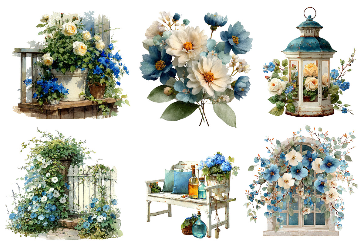 Cream and Blue Flowers Clipart, an Illustration by Designworld (Photo 2 of 8)