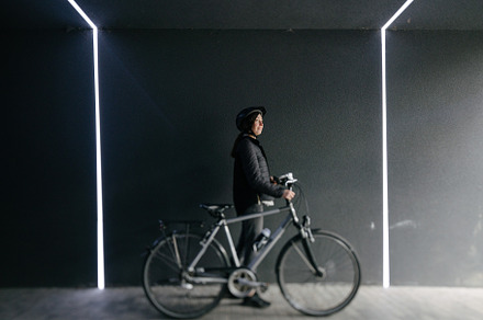 Woman riding a bicycle in a city