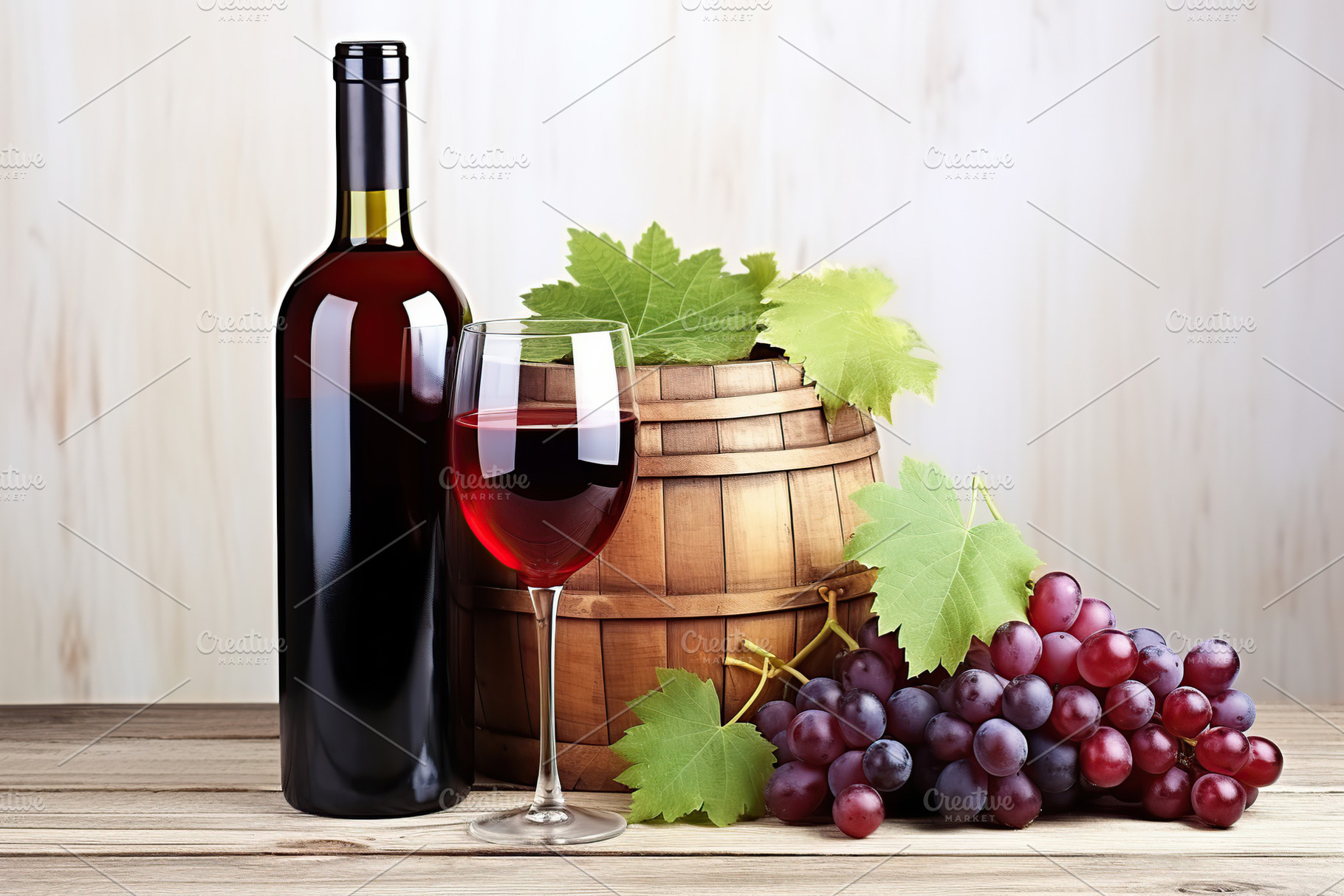 Bottle and glass of red wine with grapes and barrel on wooden background, a Food & Drink Photo by AlyaAnd