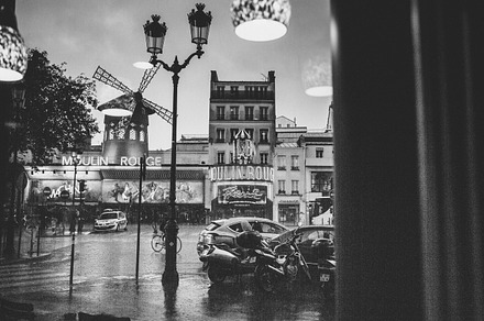 Paris moulin rouge b&w featuring amous place, france, and french culture