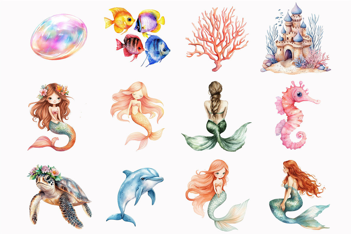 Watercolor Mermaid Clipart, an Illustration by Design Market (Photo 3 of 5)