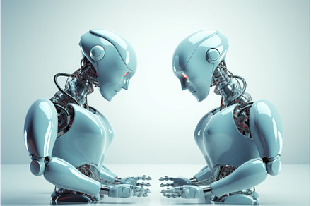 Two robot speaking. Generate Ai, a Technology Photo by Ylivdesign