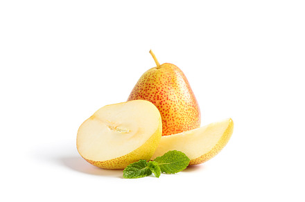 Fresh sweet pears with mint isolated on white background, a Food & Drink Photo by AtlasStudio