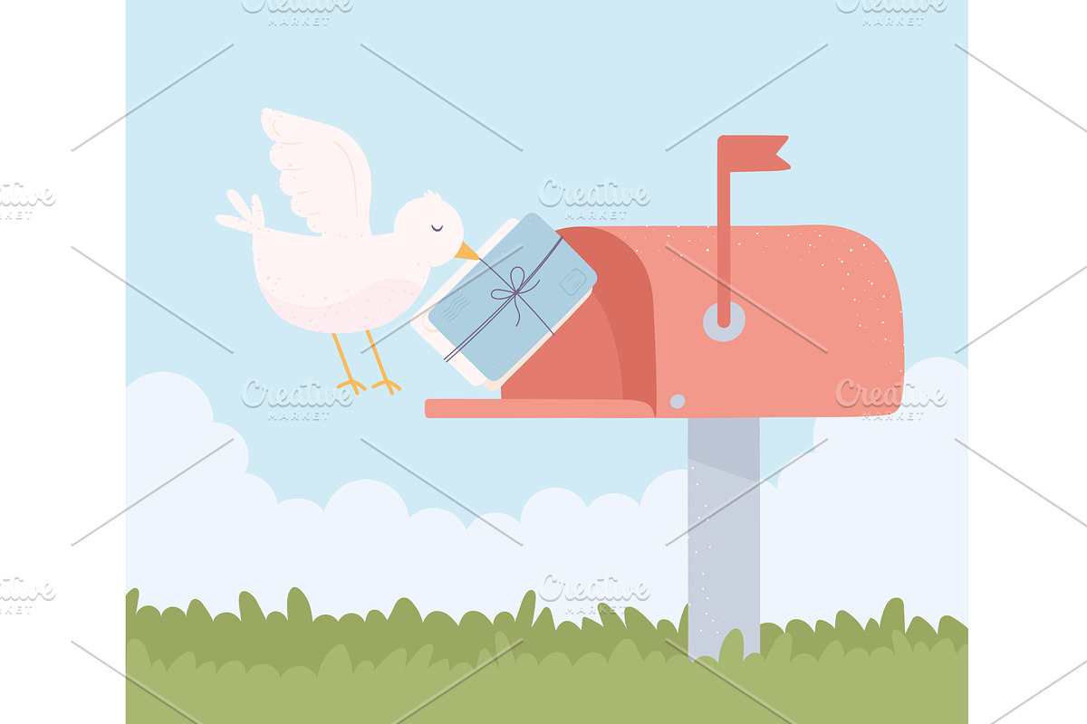 dove puts letters on mailbox, an Object Illustration by studiogstock